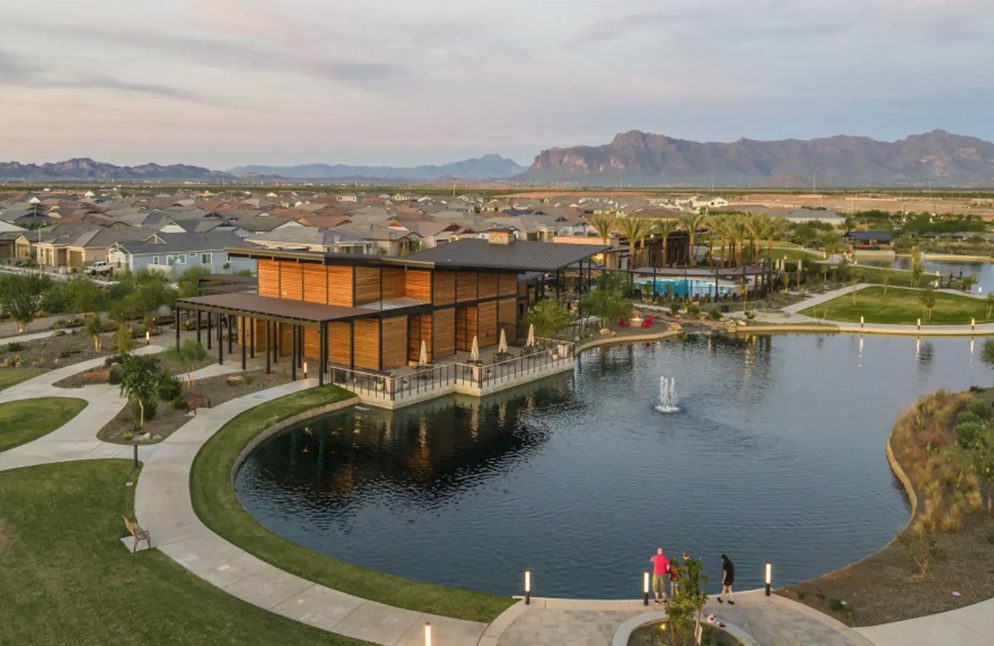 Master-planned community in Queen Creek Arizona with lake and Superstition Mountains view